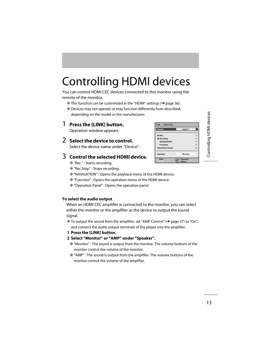 JVC LT-42WX70 manual Press the Link button, Select the device to control, Control the selected Hdmi device 