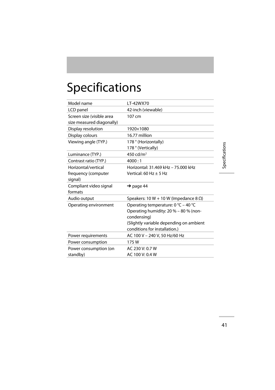 JVC LT-42WX70 manual Specifications 