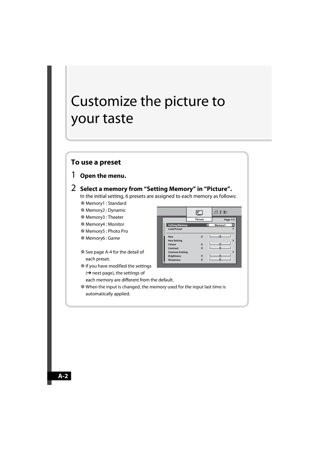 JVC LT-42WX70 manual To use a preset, Open the menu Select a memory from Setting Memory in Picture 