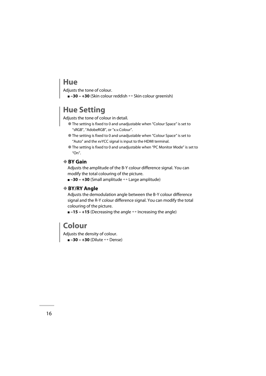 JVC LT-42WX70 manual Hue Setting, Colour, By Gain, BY/RY Angle 