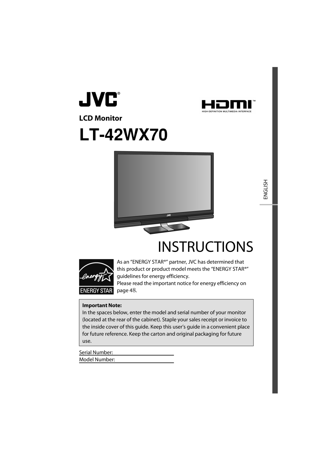 JVC LT-42WX70 manual Important Note 