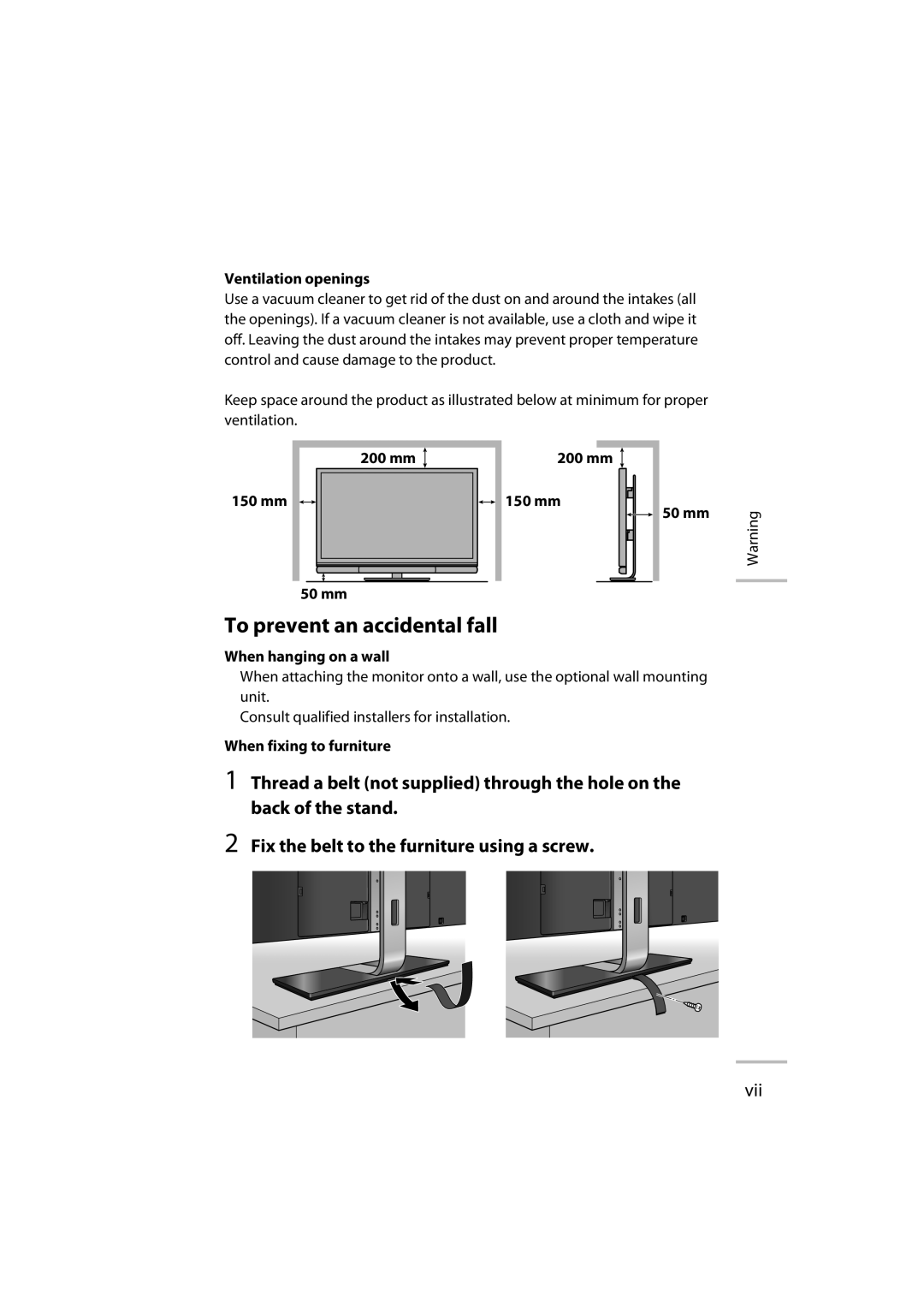 JVC LT-42WX70 manual To prevent an accidental fall, Ventilation openings, 200 mm 150 mm, When hanging on a wall 