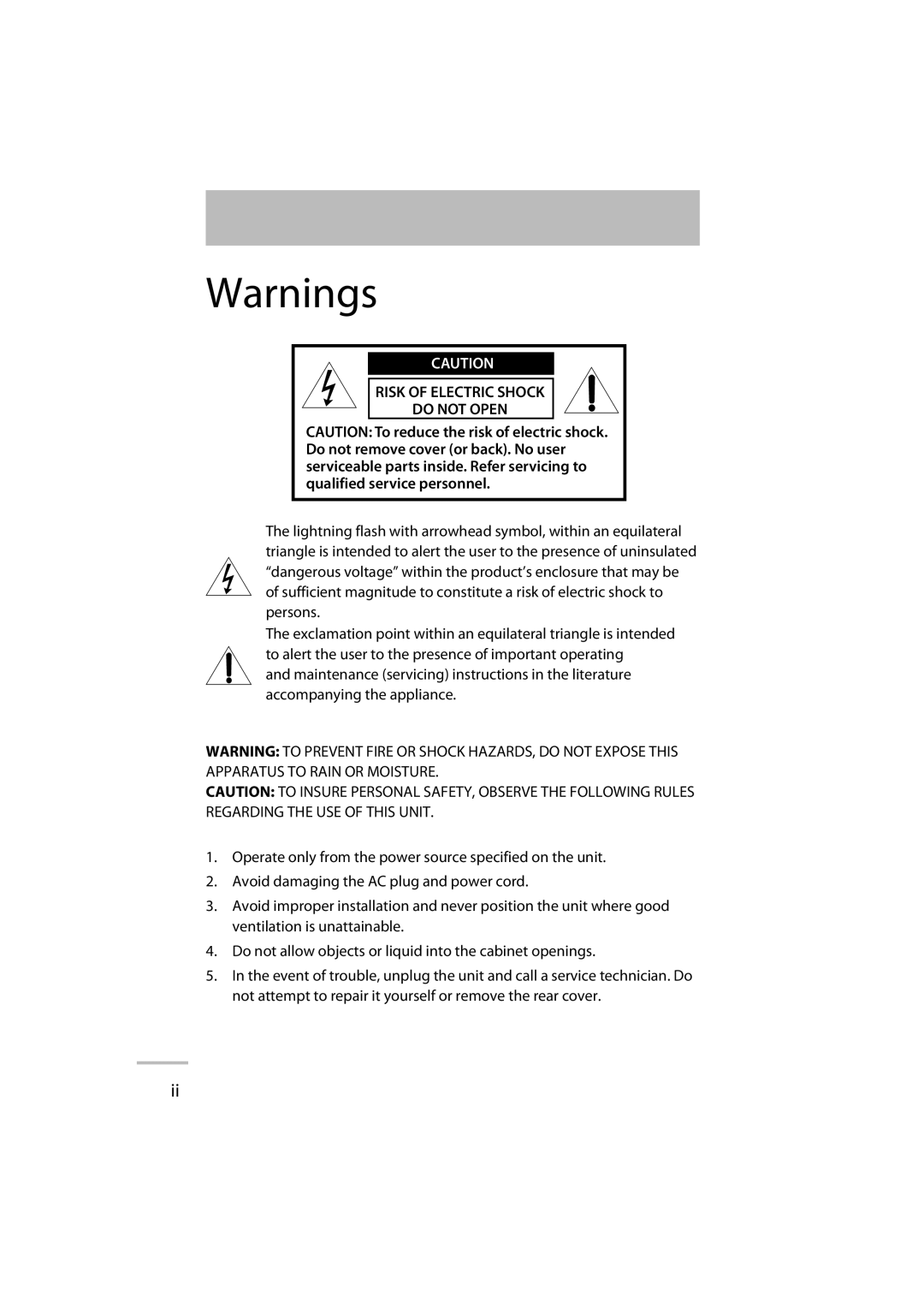 JVC LT-42WX70 manual Risk of Electric Shock Do not Open 