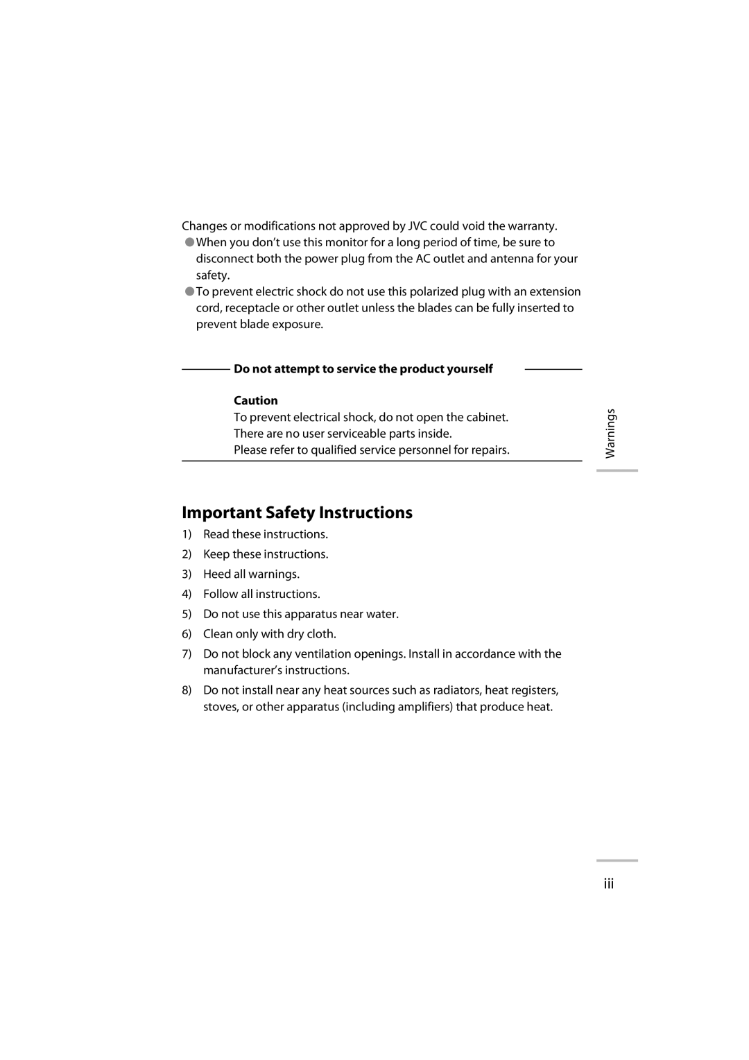 JVC LT-42WX70 manual Important Safety Instructions, Do not attempt to service the product yourself 