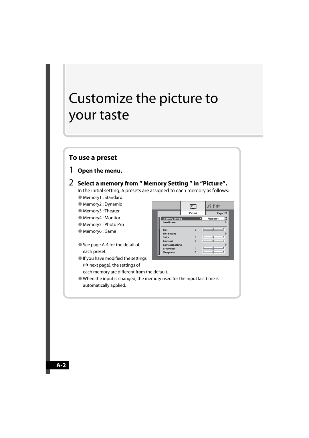 JVC LT-42WX70 manual Open the menu Select a memory from Memory Setting in Picture 