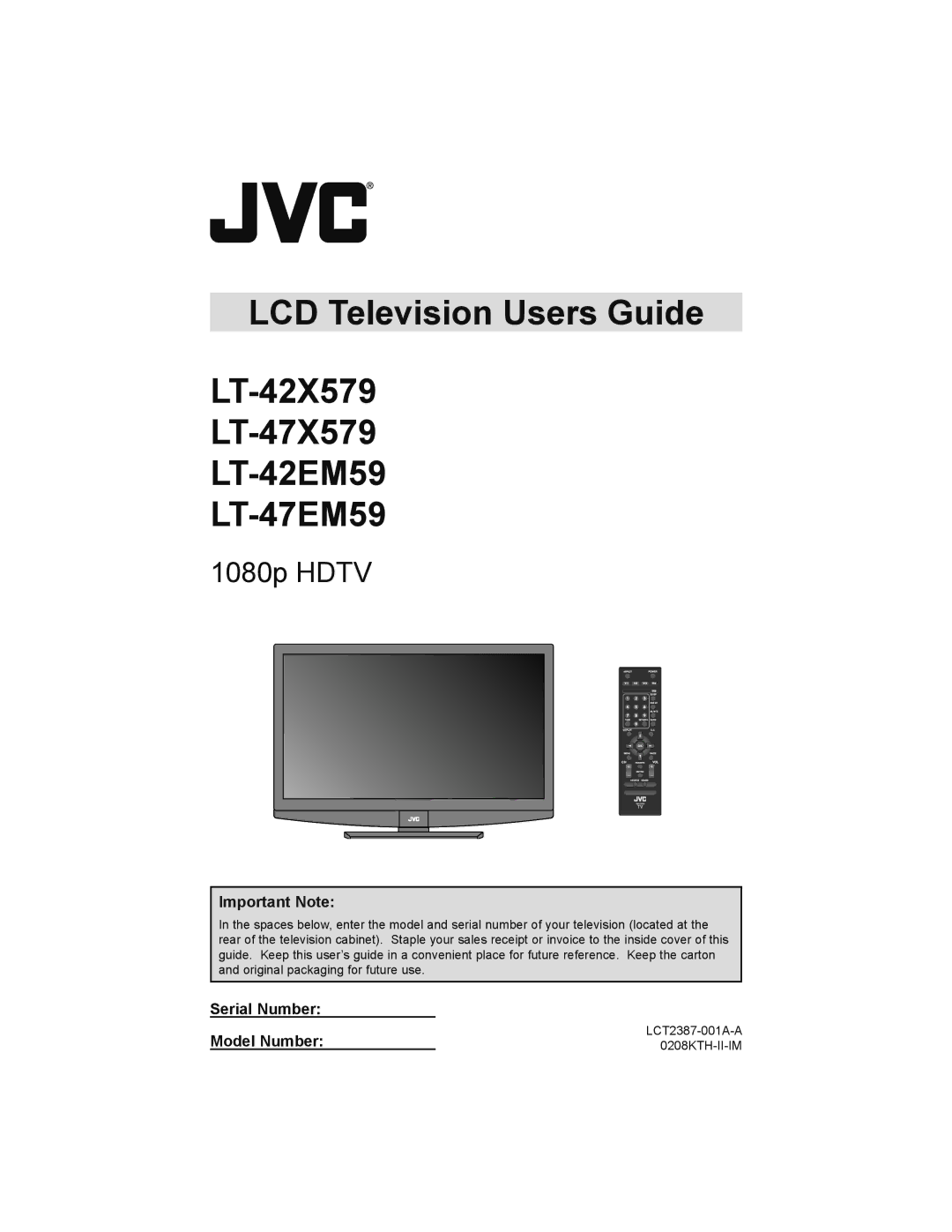 JVC LT-42X579 manual Important Note, Serial Number Model Number 