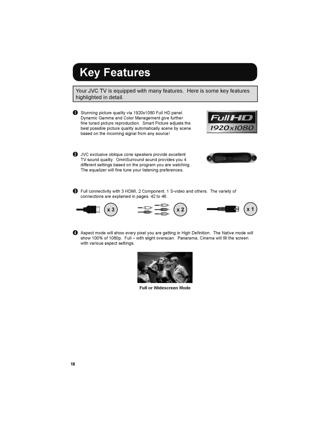 JVC LT-42X579 manual Key Features, Full or Widescreen Mode 