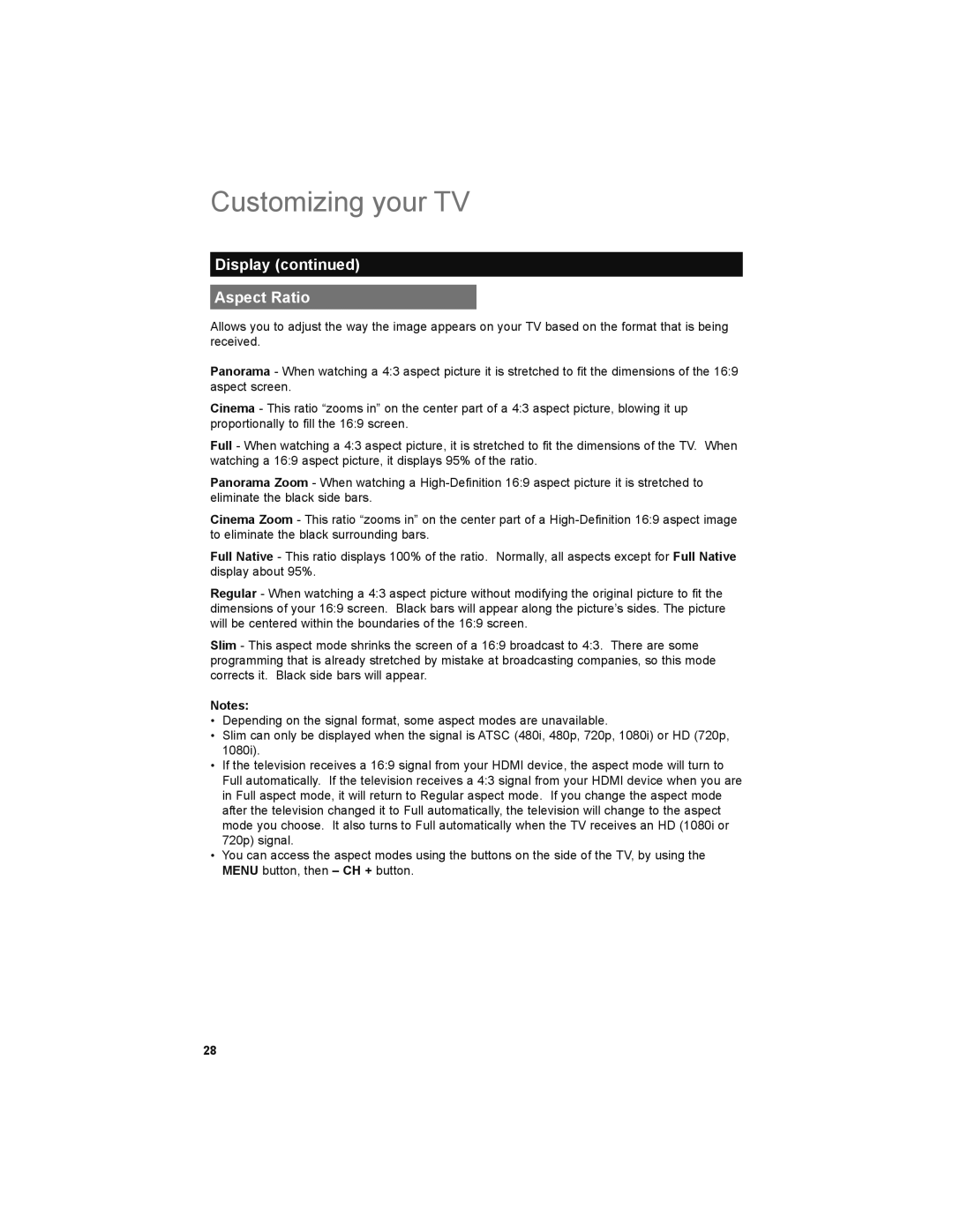 JVC LT-42X579 manual Display Aspect Ratio 