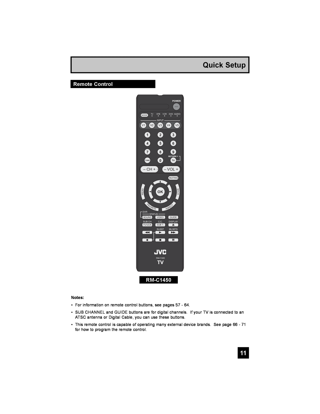 JVC LT-37X688, LT-42X688 manual Remote Control, TV RM-C1450, Quick Setup 