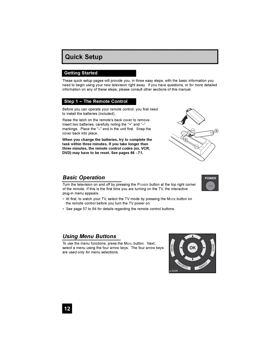 JVC LT-42X688, LT-37X688 manual Basic Operation, Using Menu Buttons, Getting Started, The Remote Control, Quick Setup 