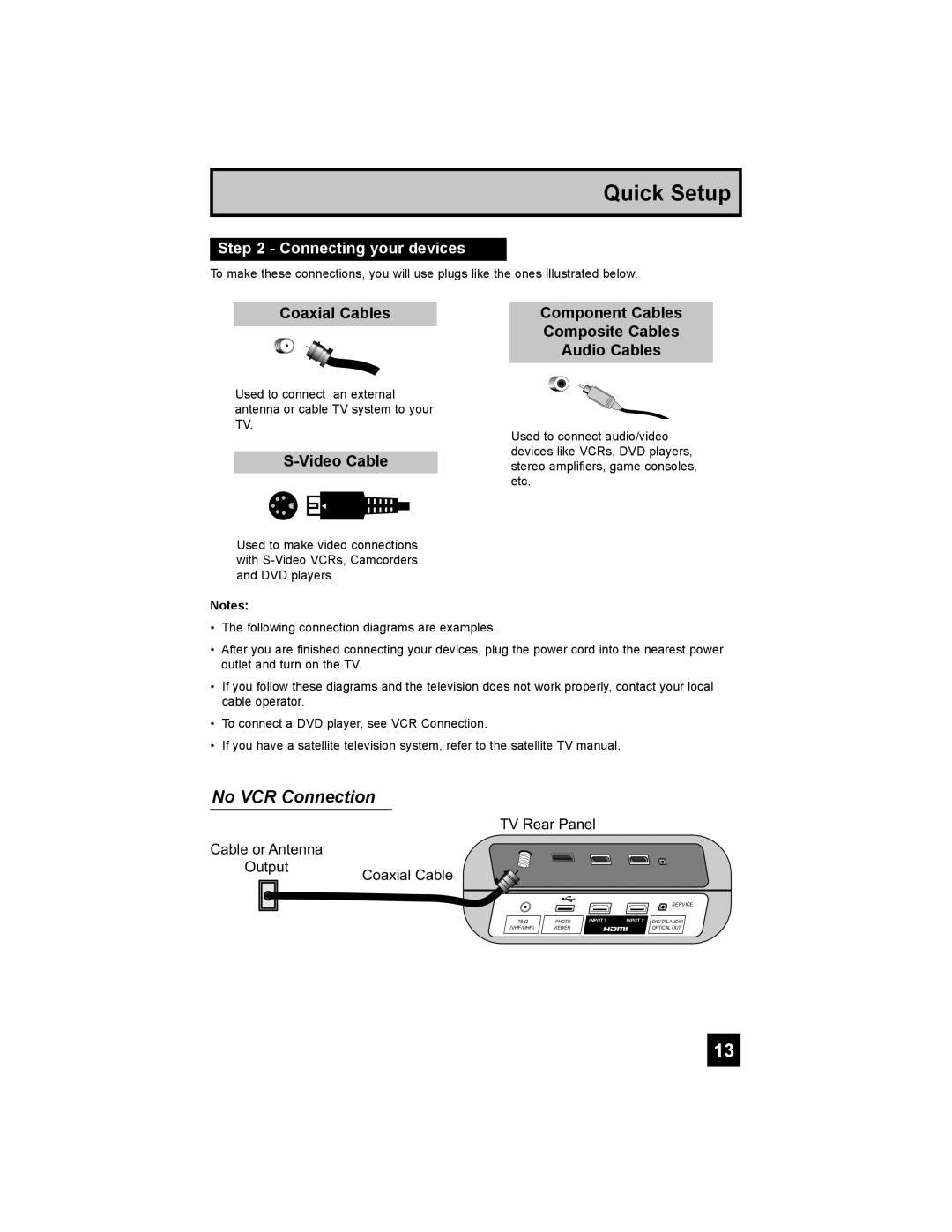 JVC LT-37X688 No VCR Connection, Connecting your devices, Coaxial Cables, Component Cables, Composite Cables, Audio Cables 