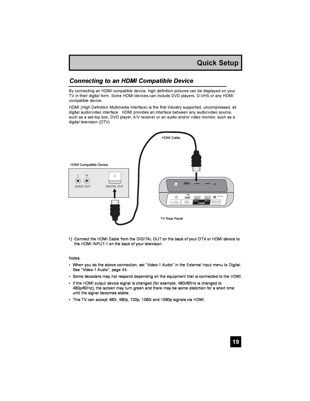 JVC LT-37X688, LT-42X688 manual Connecting to an HDMI Compatible Device, Quick Setup 
