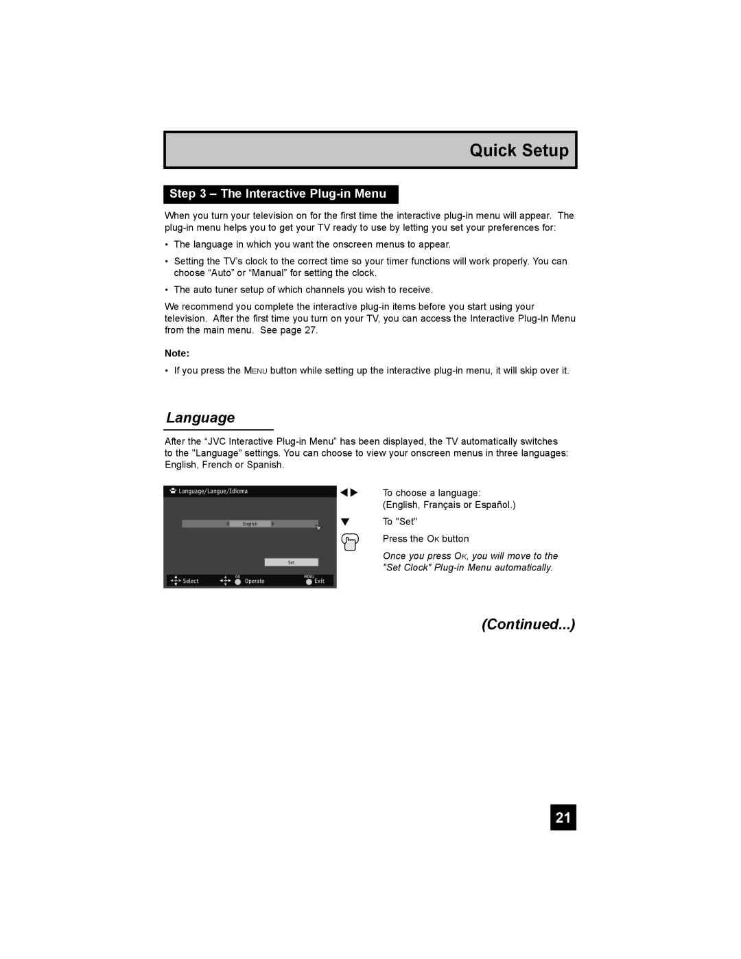 JVC LT-37X688, LT-42X688 manual Language, Continued, The Interactive Plug-in Menu, Quick Setup 