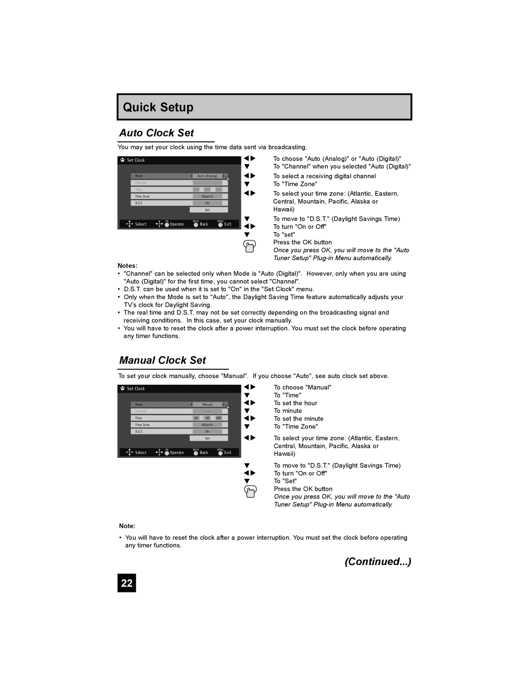 JVC LT-42X688 manual Auto Clock Set, Manual Clock Set, Quick Setup, Continued, Exit, Mode, Time Zone, Atlantic, D.S.T 