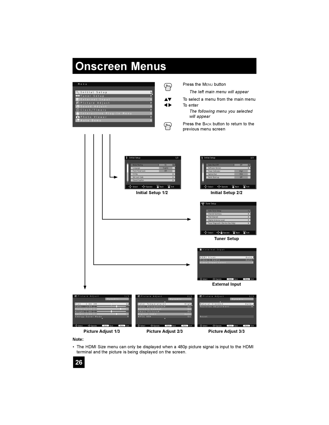 JVC LT-42X688 manual Initial Setup 1/2, External Input, Onscreen Menus, Initial Setup 2/2, M e n u, Back Back, Menu Exit 