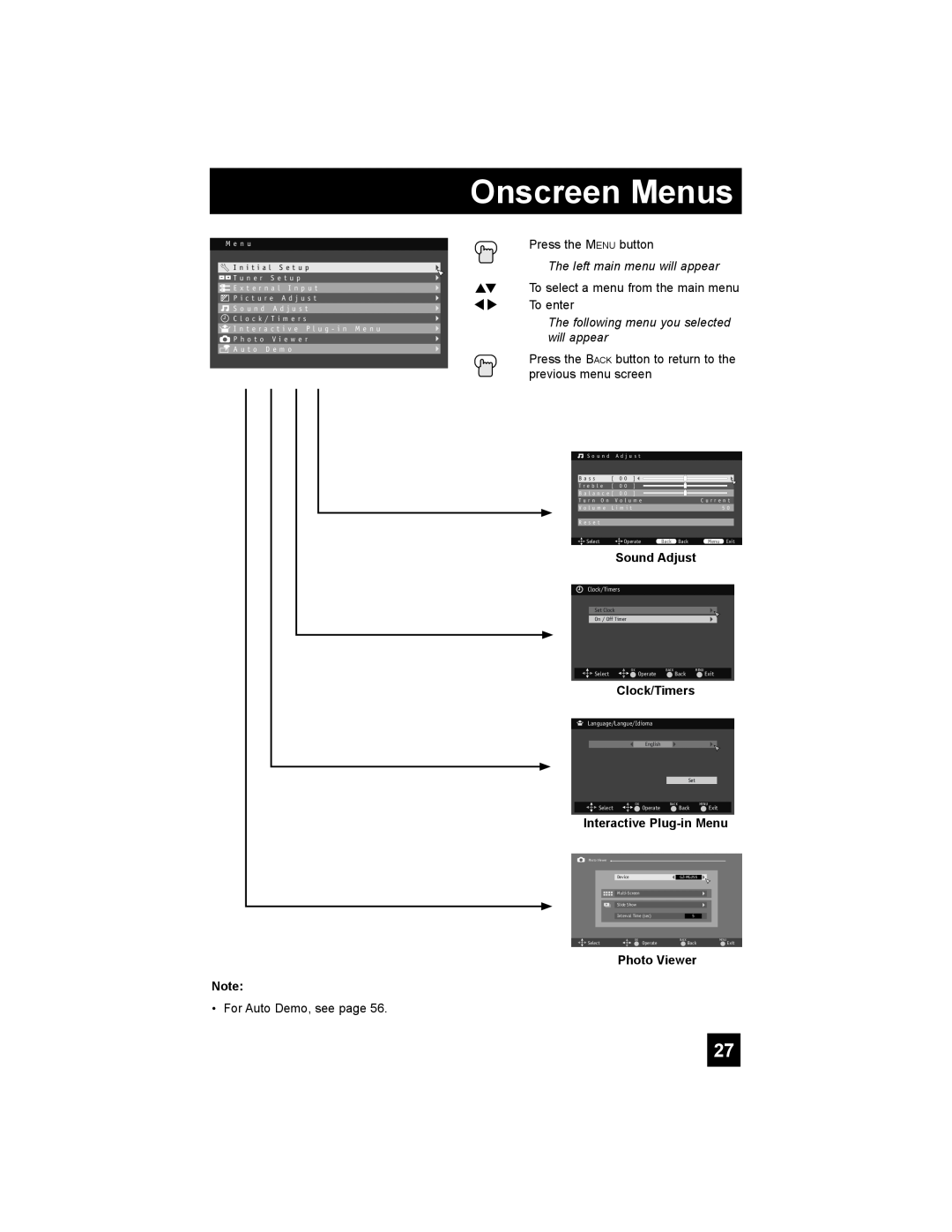 JVC LT-37X688 manual Interactive Plug-in Menu, Onscreen Menus, Clock/Timers, M e n u, P h o t o V i e w e r A u t o D e m o 