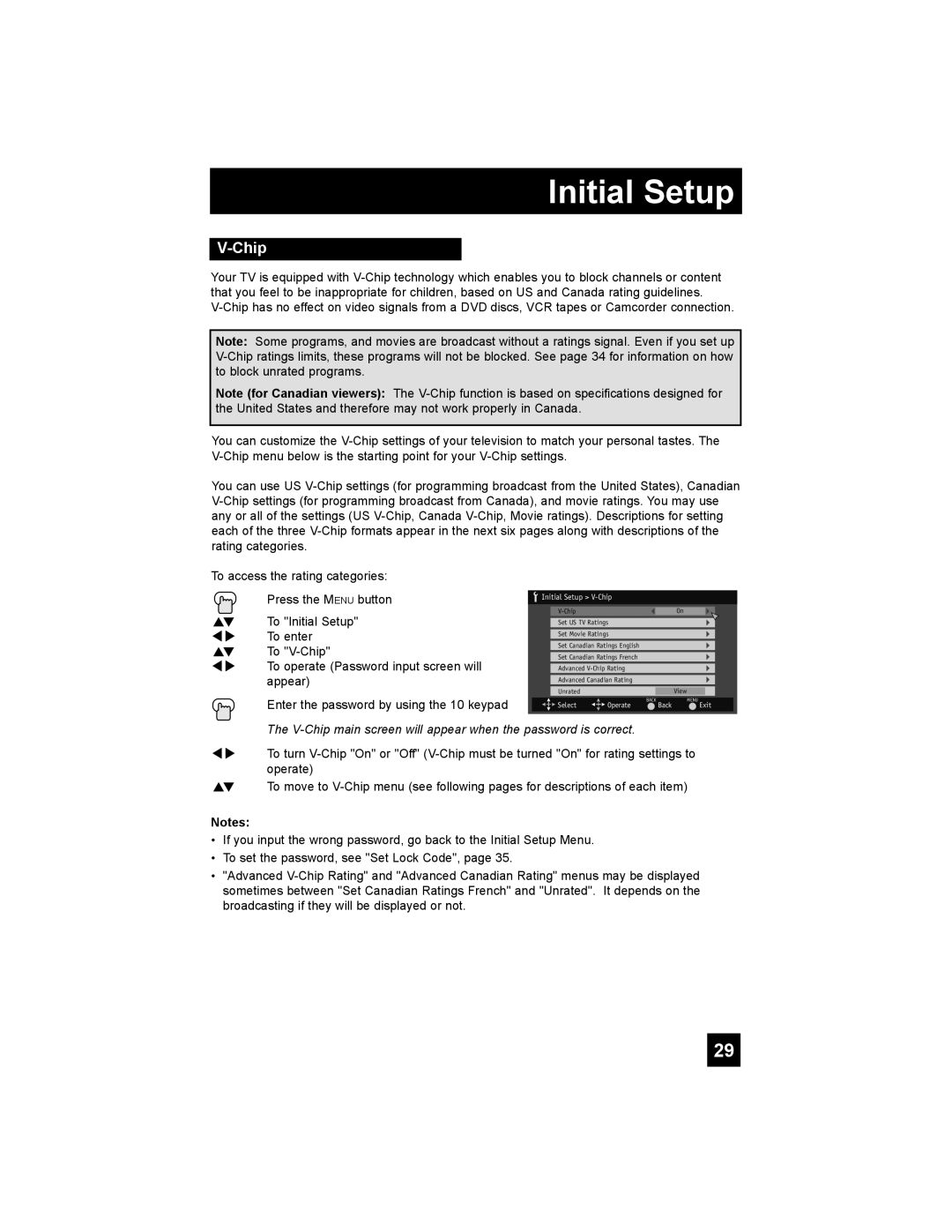 JVC LT-37X688, LT-42X688 manual Initial Setup, The V-Chip main screen will appear when the password is correct 