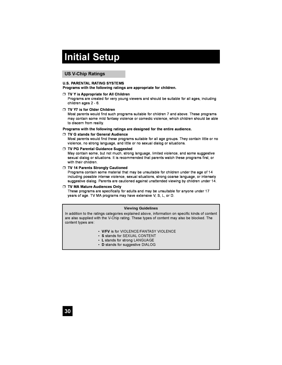 JVC LT-42X688, LT-37X688 manual US V-Chip Ratings, Initial Setup 