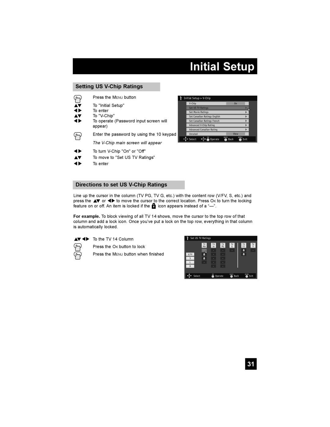 JVC LT-37X688 manual Setting US V-Chip Ratings, Directions to set US V-Chip Ratings, π†√ To the TV 14 Column, Initial Setup 