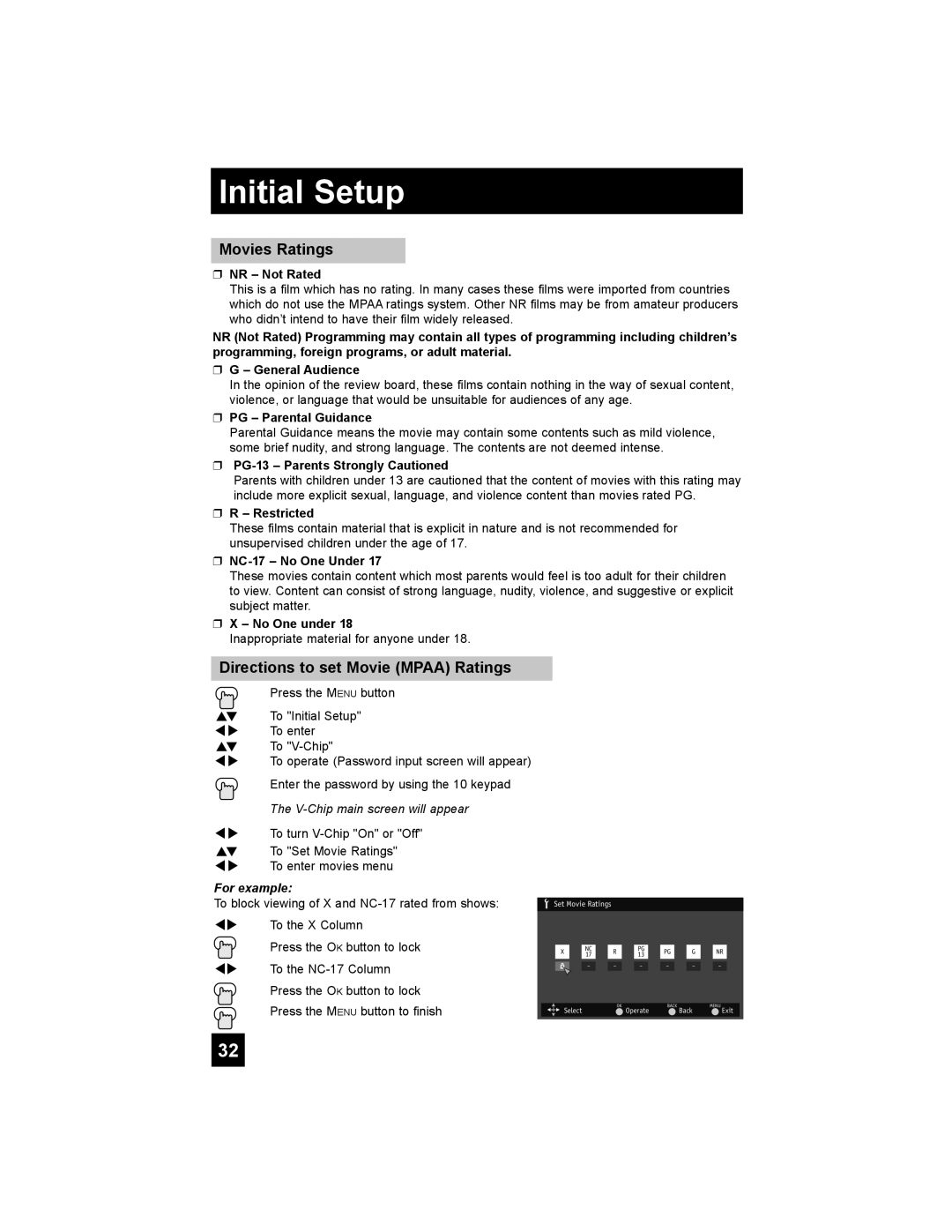 JVC LT-42X688 manual Movies Ratings, Directions to set Movie MPAA Ratings, For example, Press the MENU button to finish 