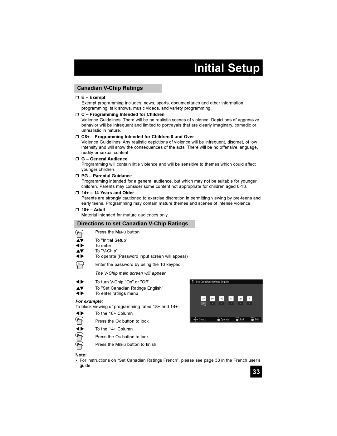 JVC LT-37X688 Directions to set Canadian V-Chip Ratings, Initial Setup, For example, Set Canadian Ratings English 