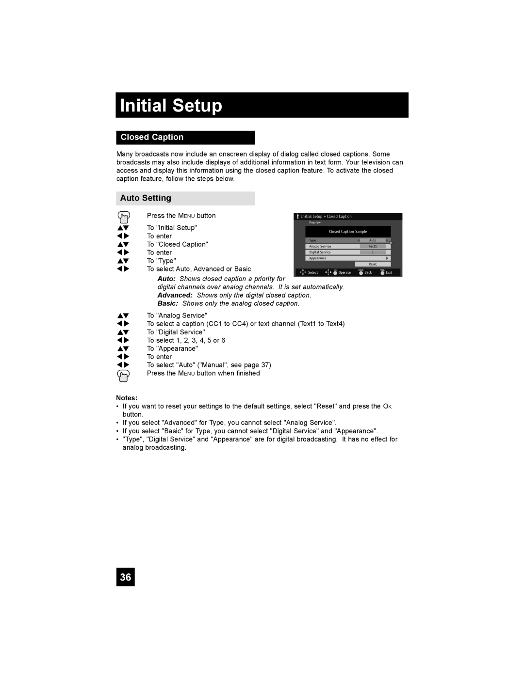 JVC LT-42X688, LT-37X688 manual Closed Caption, Auto Setting, Initial Setup 