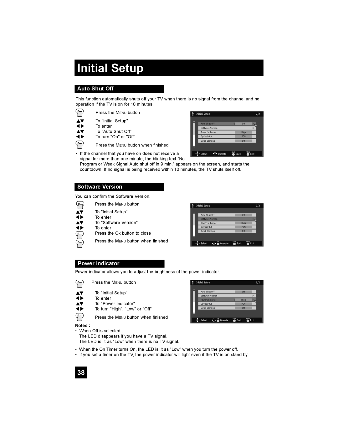 JVC LT-42X688, LT-37X688 manual Auto Shut Off, Software Version, Power Indicator, Initial Setup 