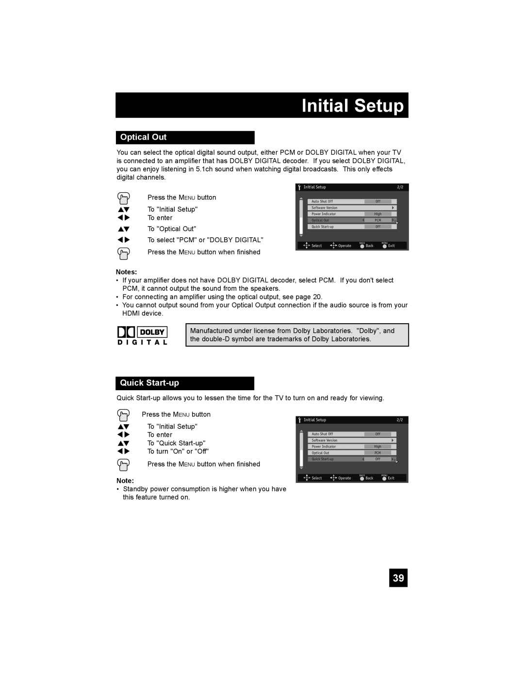 JVC LT-37X688, LT-42X688 manual Optical Out, Quick Start-up, Initial Setup 