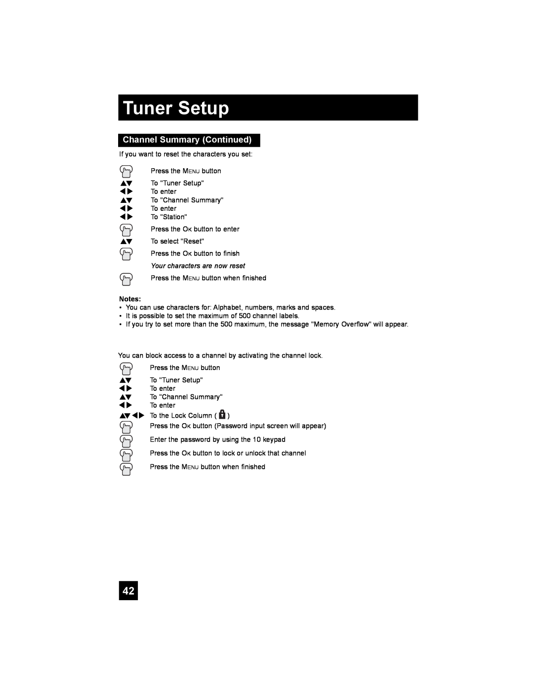 JVC LT-42X688, LT-37X688 manual Channel Summary Continued, Tuner Setup, Your characters are now reset 