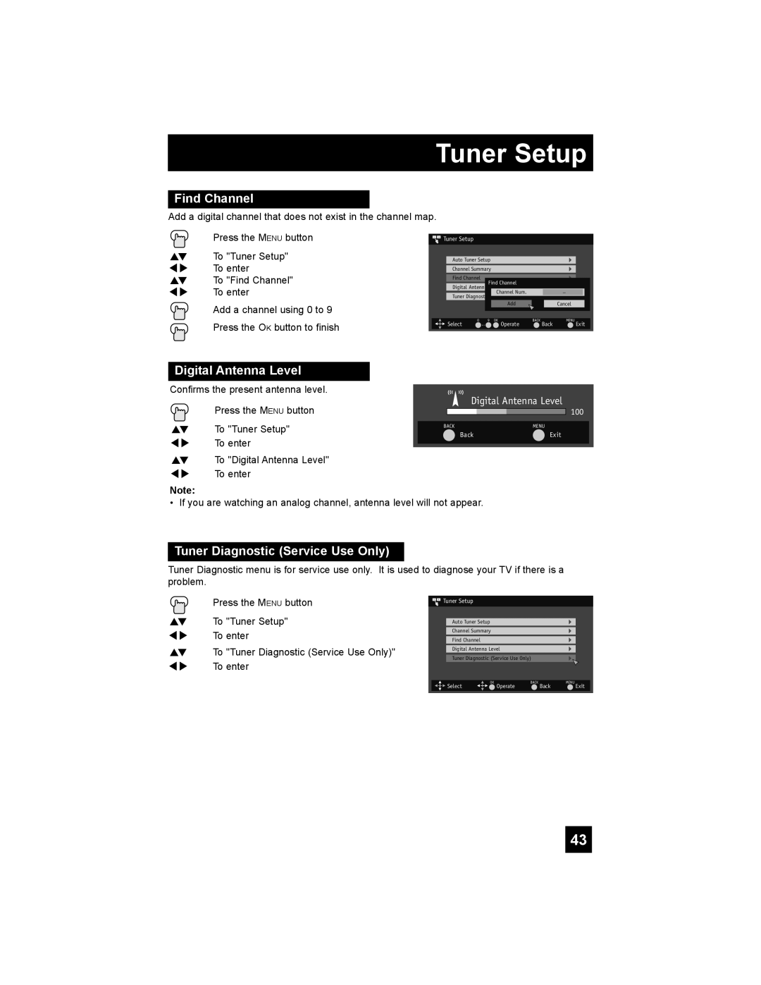 JVC LT-37X688, LT-42X688 manual Find Channel, Digital Antenna Level, Tuner Diagnostic Service Use Only, Tuner Setup 