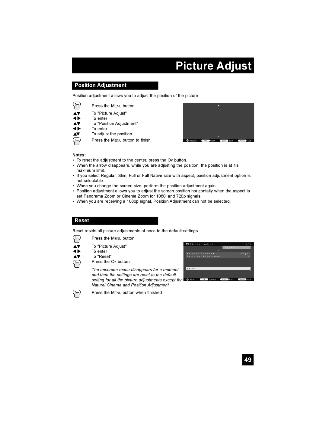 JVC LT-37X688, LT-42X688 manual Position Adjustment, To Picture Adjust, To Reset, To enter 