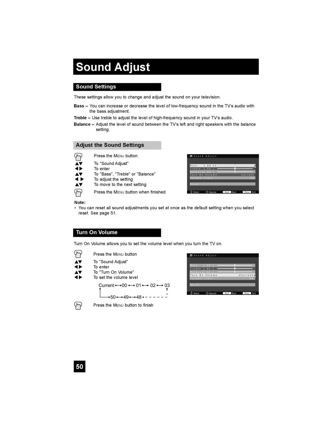 JVC LT-42X688, LT-37X688 manual Sound Adjust, Adjust the Sound Settings, Turn On Volume 