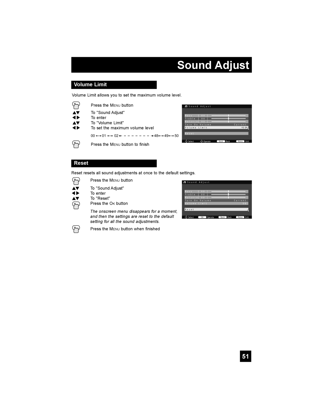 JVC LT-37X688, LT-42X688 manual Volume Limit, Sound Adjust, Reset 