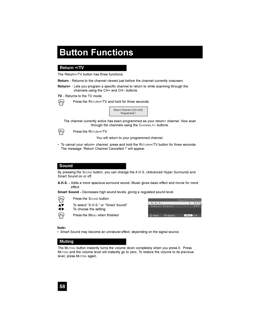JVC LT-42X688, LT-37X688 manual Return +/TV, Sound, Muting, Button Functions 