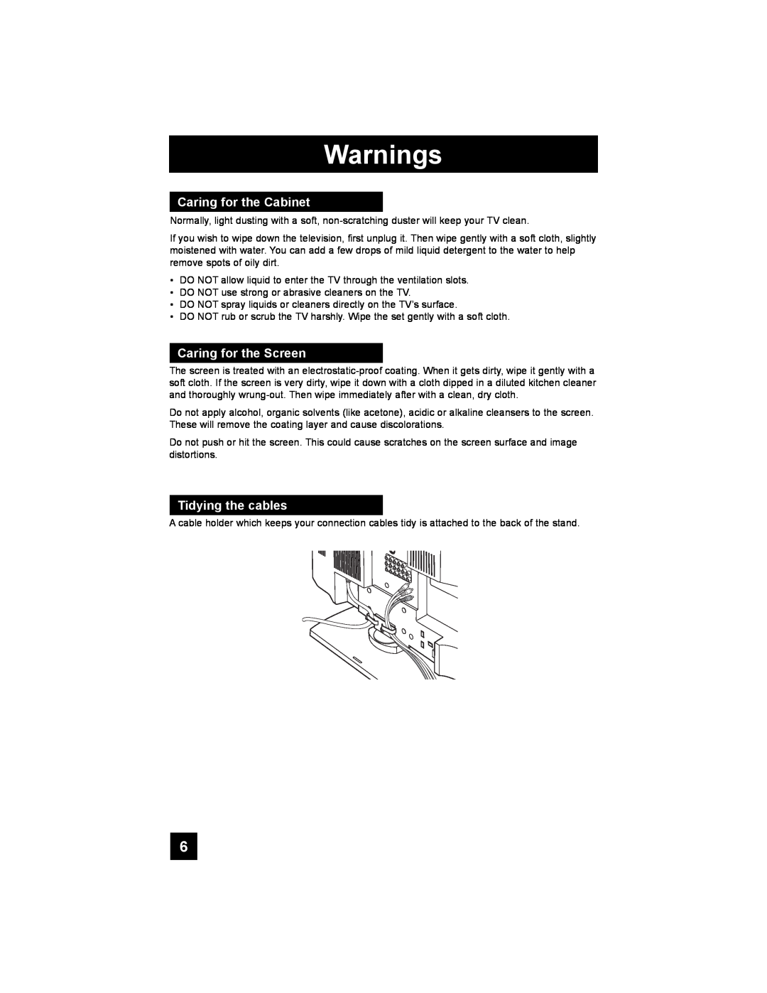 JVC LT-42X688, LT-37X688 manual Caring for the Cabinet, Caring for the Screen, Tidying the cables, Warnings 