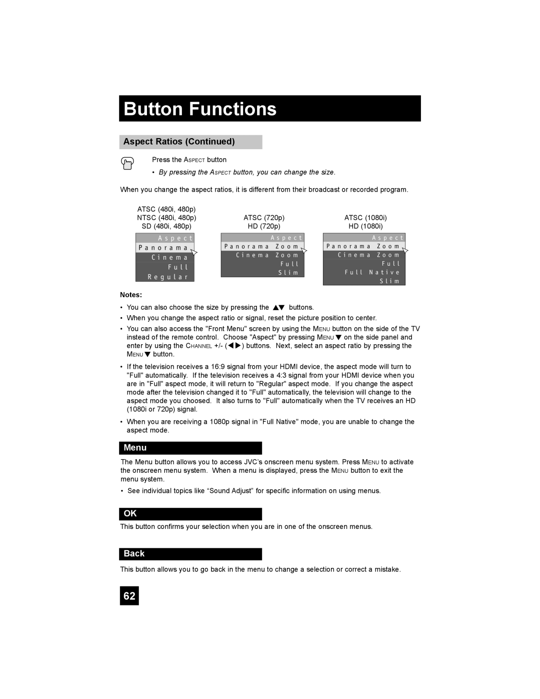 JVC LT-42X688 manual Aspect Ratios Continued, Menu, Back, A s p e c t, C i n e m a F u l l R e g u l a r, Button Functions 