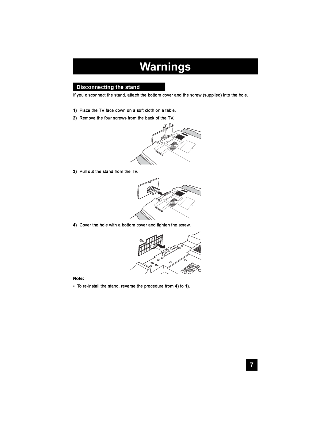 JVC LT-37X688, LT-42X688 manual Disconnecting the stand, Warnings, Place the TV face down on a soft cloth on a table 