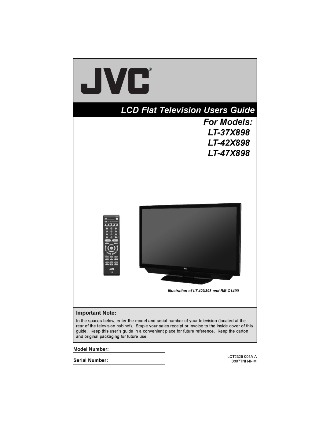 JVC LT-37X898, LT-42X898 manual LCD Flat Television Users Guide, Important Note 