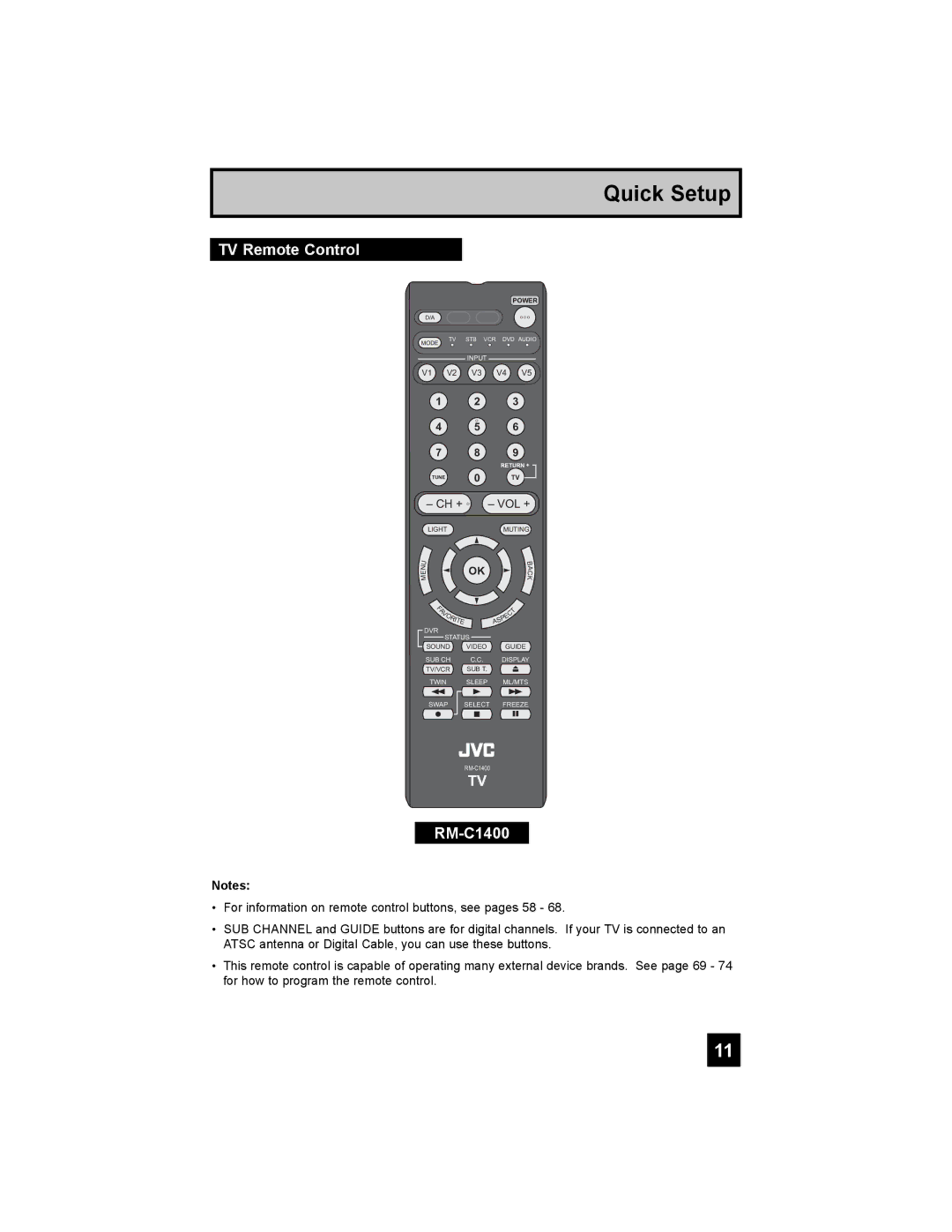 JVC LT-37X898, LT-42X898 manual TV Remote Control, RM-C1400 