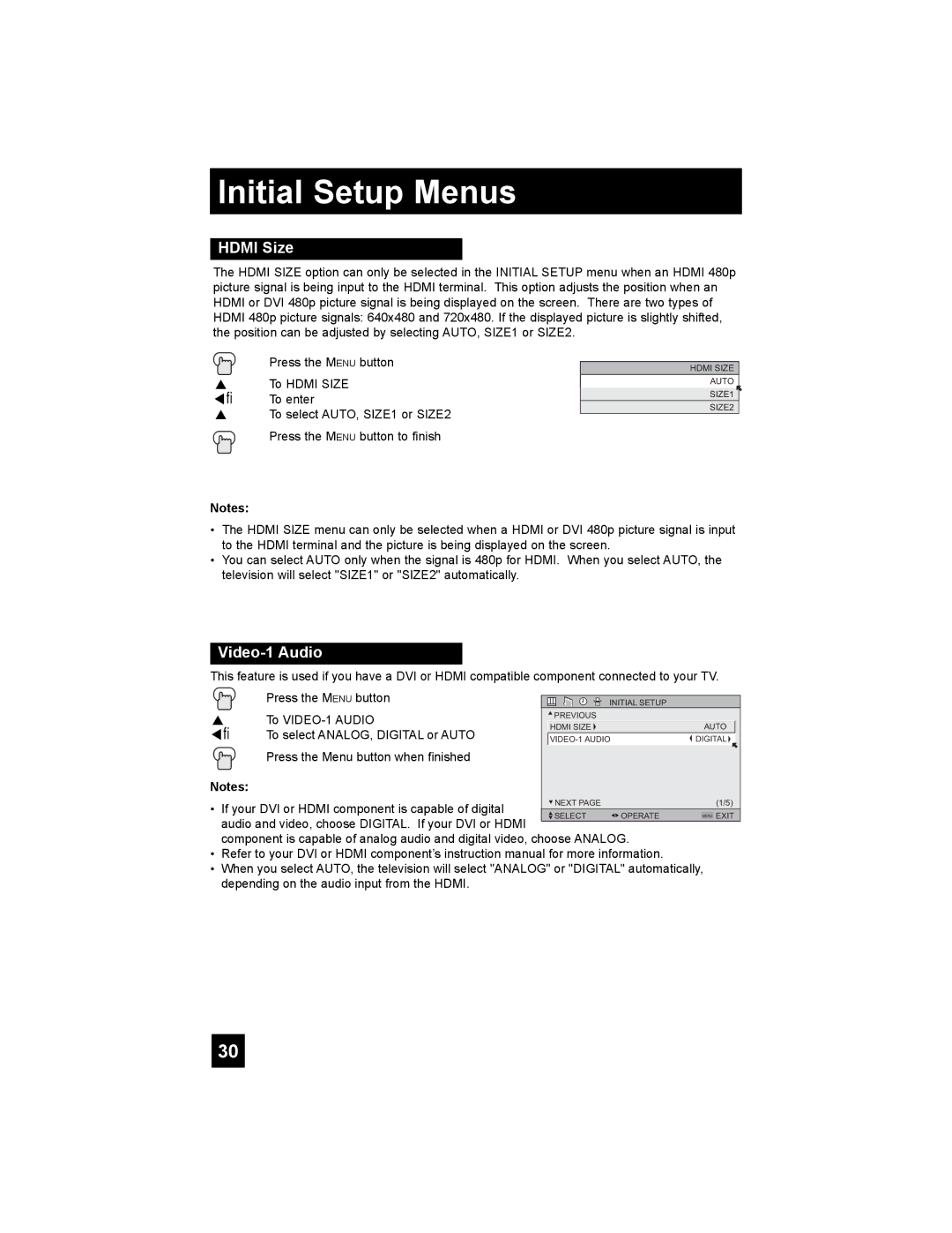 JVC LT-42X898, LT-37X898 manual Initial Setup Menus, Hdmi Size, Video-1 Audio 