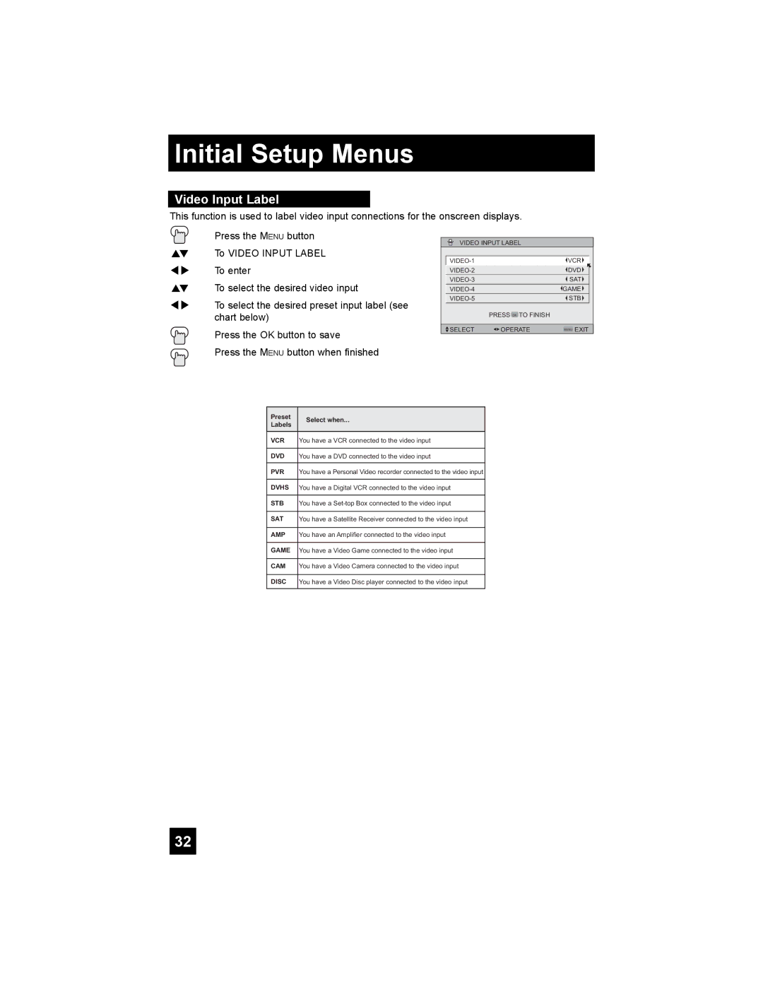 JVC LT-42X898, LT-37X898 manual Video Input Label, Press the Menu button when finished 