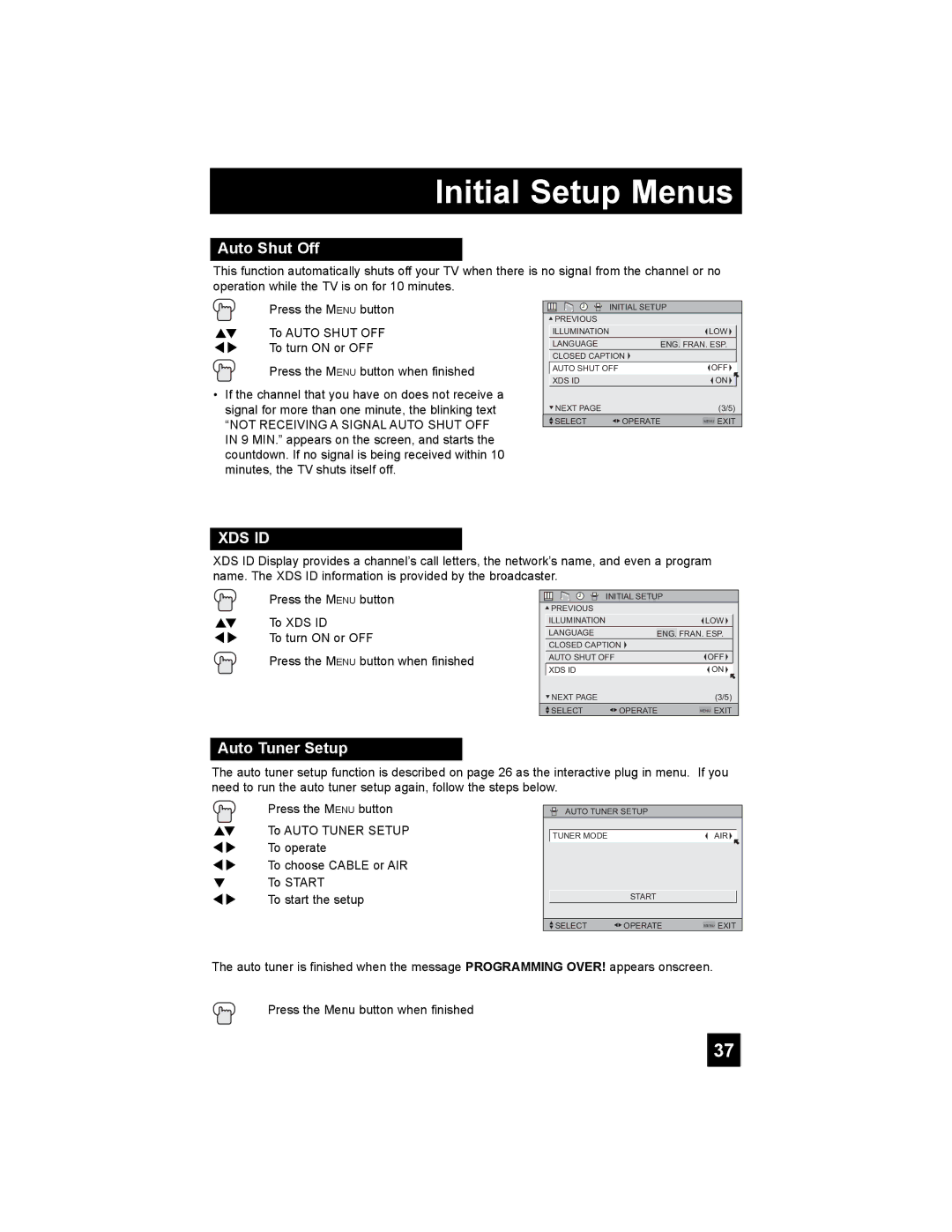 JVC LT-37X898, LT-42X898 manual Auto Shut Off, Auto Tuner Setup 