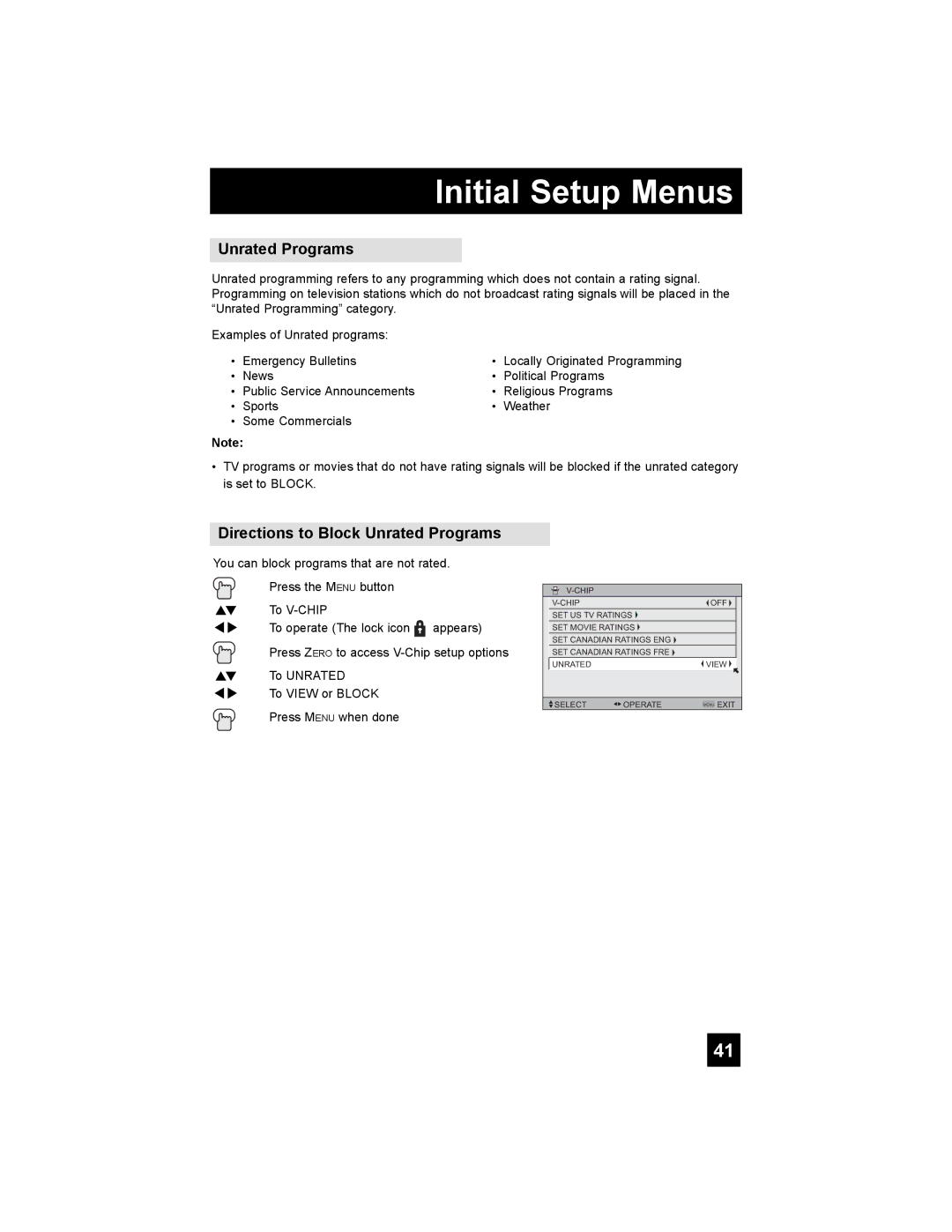 JVC LT-37X898, LT-42X898 manual Directions to Block Unrated Programs 