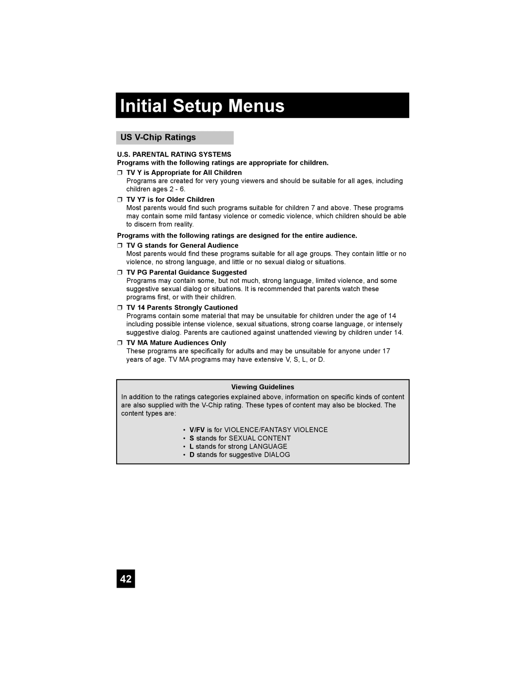 JVC LT-42X898, LT-37X898 manual US V-Chip Ratings 