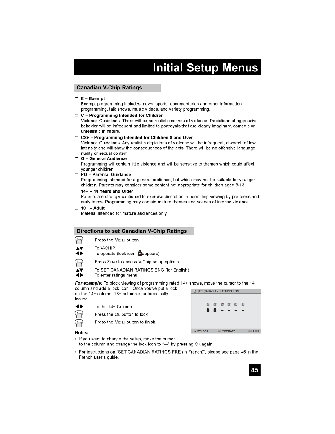 JVC LT-37X898, LT-42X898 manual Directions to set Canadian V-Chip Ratings 