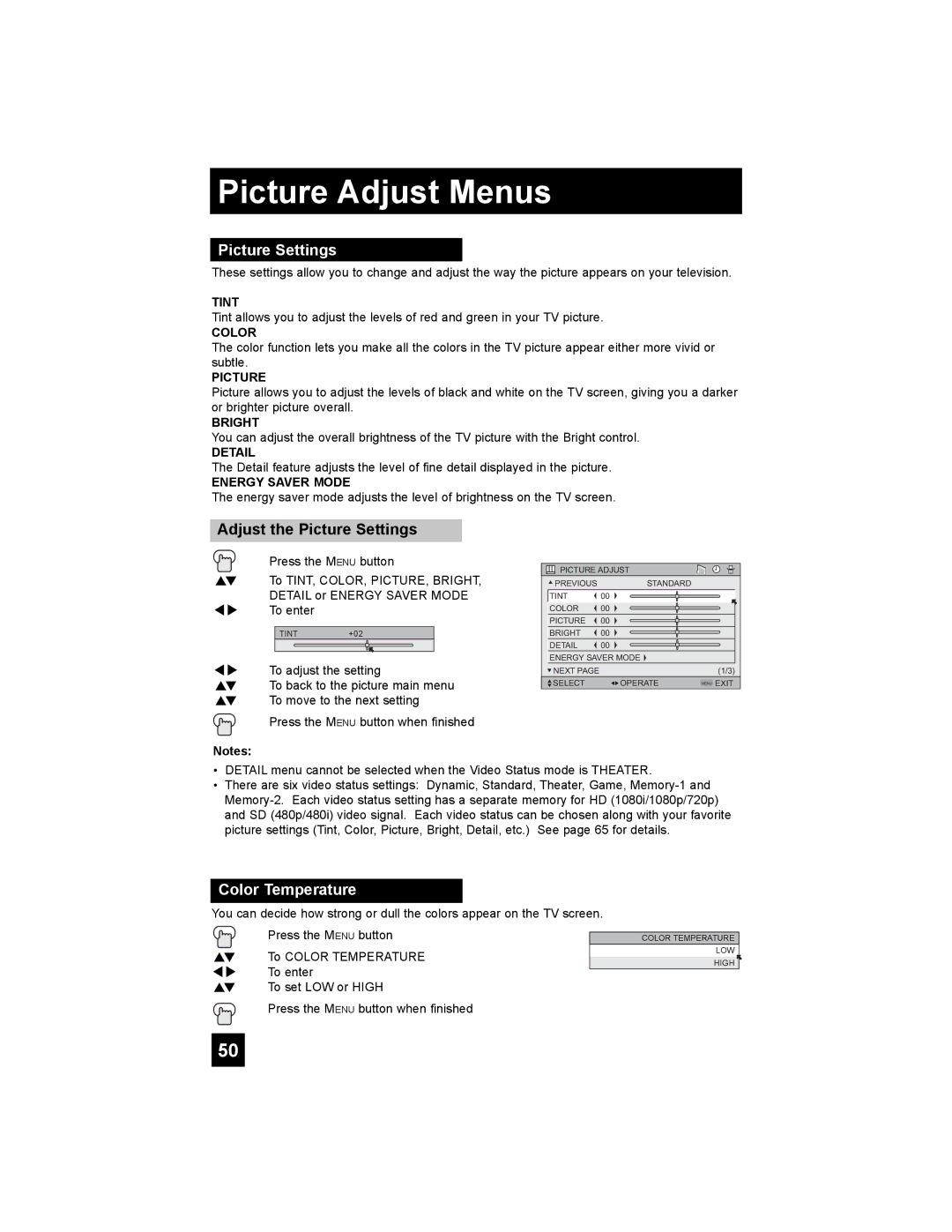 JVC LT-42X898, LT-37X898 manual Picture Adjust Menus, Adjust the Picture Settings, Color Temperature 