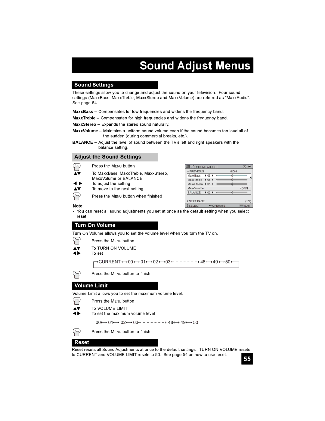 JVC LT-37X898, LT-42X898 manual Sound Adjust Menus, Adjust the Sound Settings, Turn On Volume, Volume Limit 