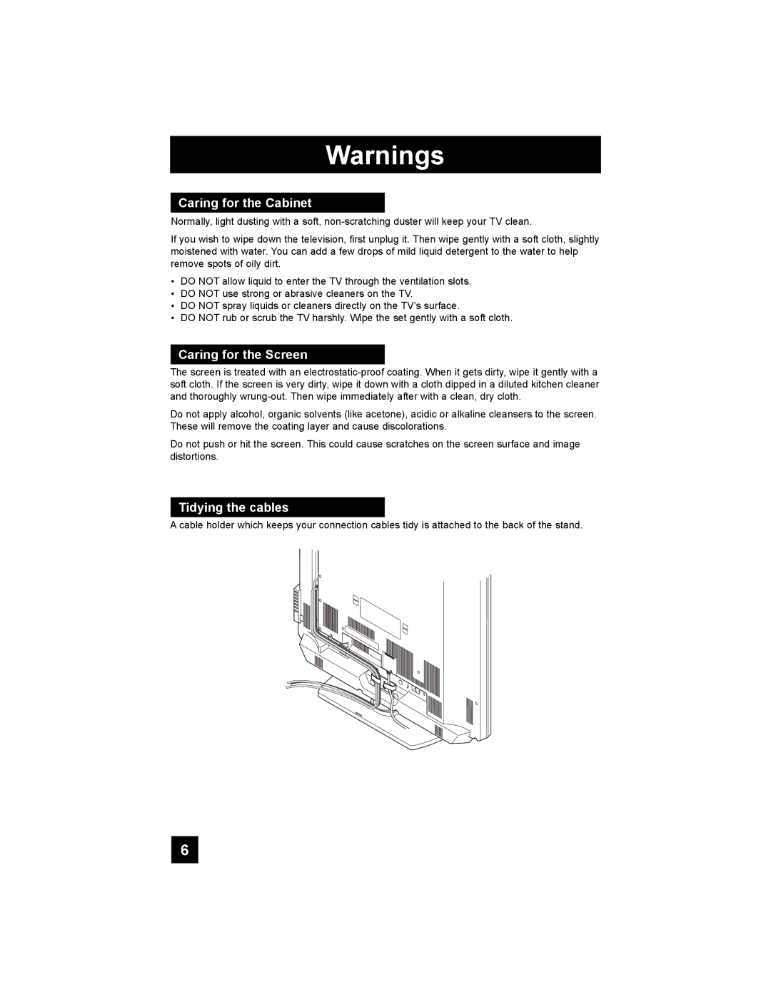 JVC LT-42X898, LT-37X898 manual Caring for the Cabinet, Caring for the Screen, Tidying the cables 