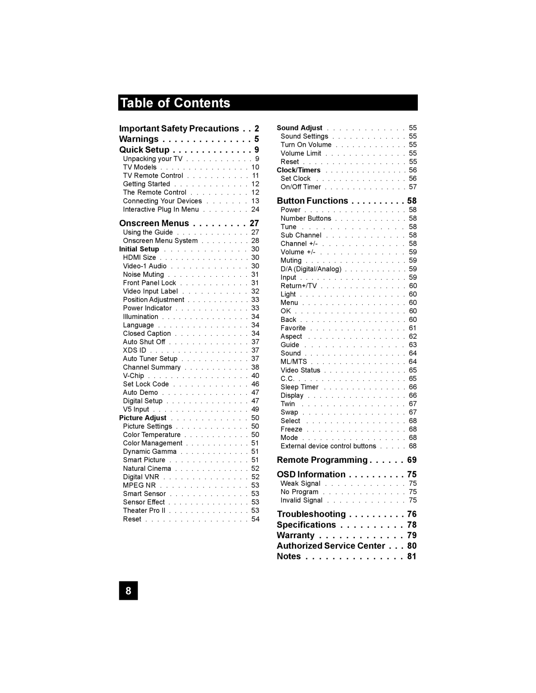 JVC LT-42X898, LT-37X898 manual Table of Contents 