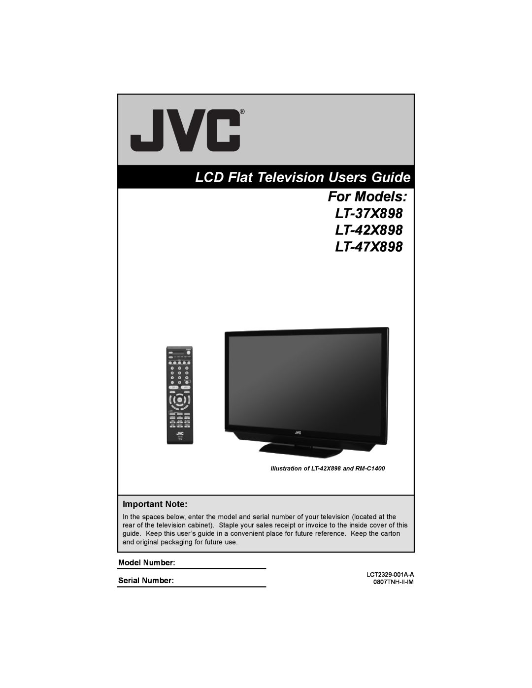 JVC LT-37X898, LT-42X898 manual Important Note, Model Number Serial Number, LCD Flat Television Users Guide 